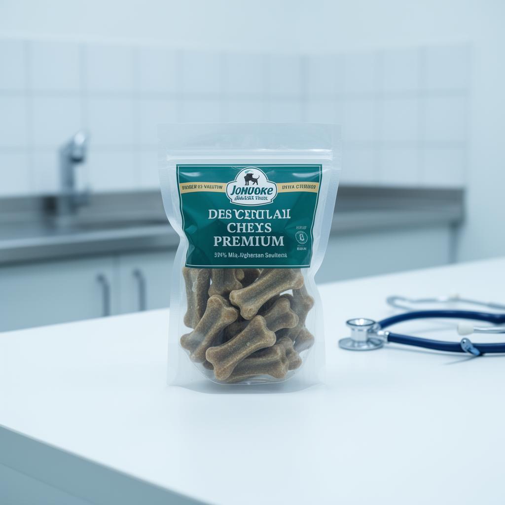 Premium dog dental chews bag on a clean veterinary clinic counter