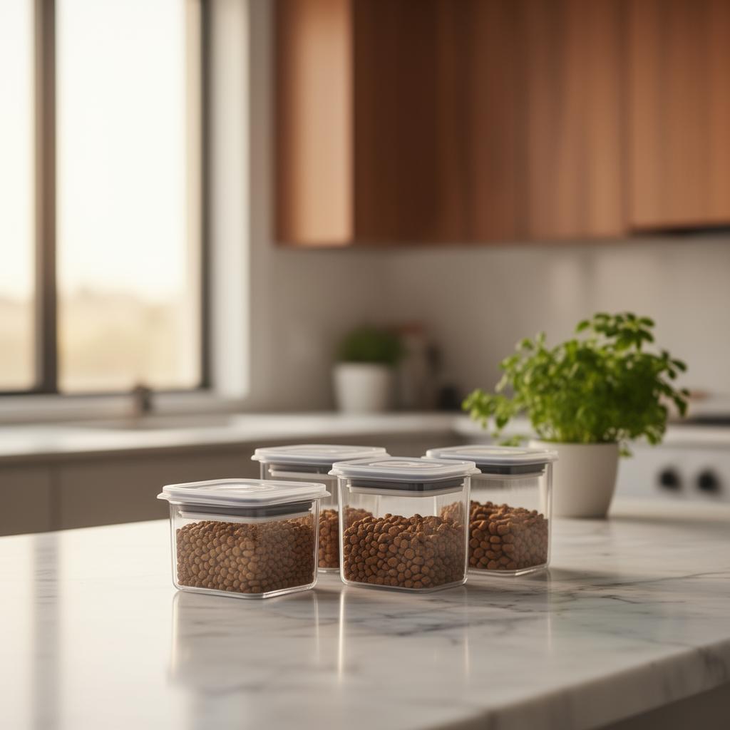 Airtight pet food storage lids on a marble kitchen countertop with morning light