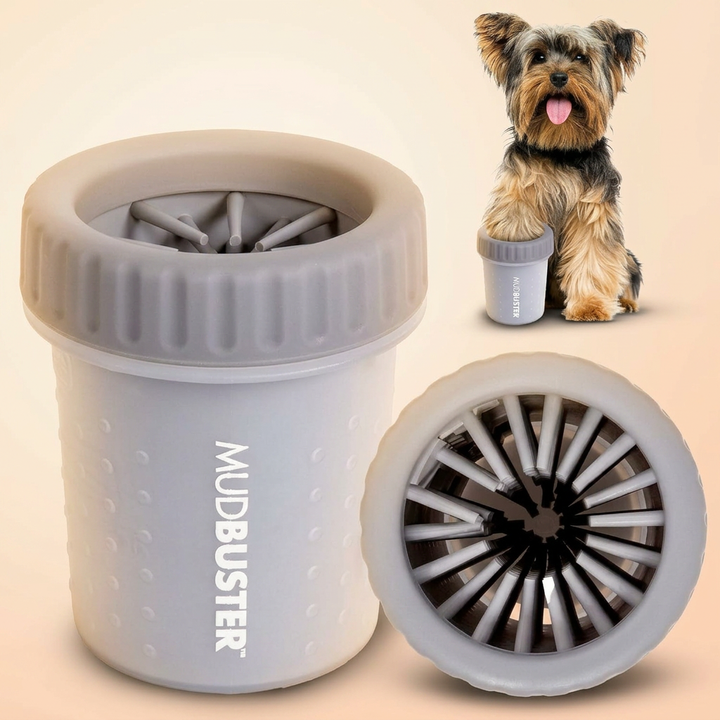 Dexas MudBuster portable paw cleaner with soft silicone bristles on white background