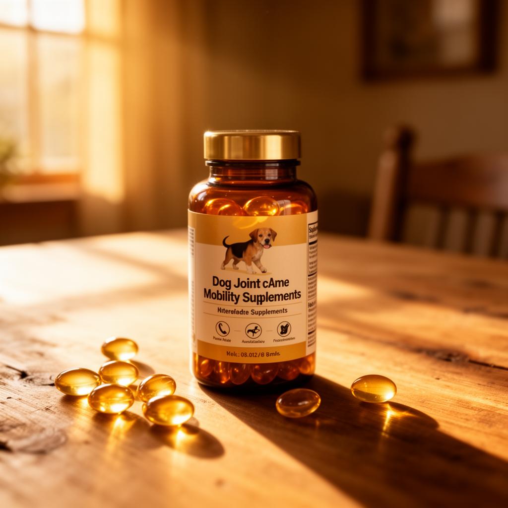 Amber bottle of dog joint supplements on a sunlit wooden table